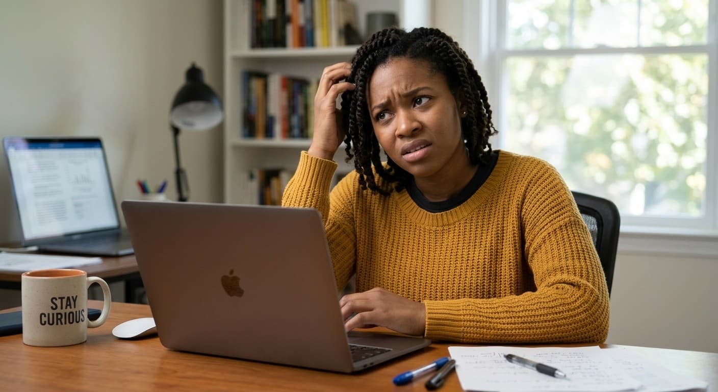 A new employee at her laptop on her first day, unsure what to do next